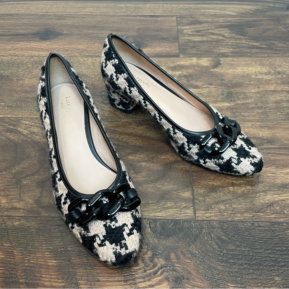 Kate Spade Kacey Pumps Tweed Beige Black Houndstooth Heels Chain-Link Pump 7B